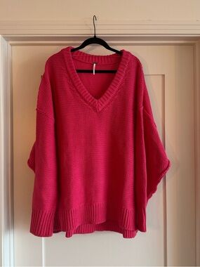 Free People Oversized V-Neck Sweater - Hot Pink